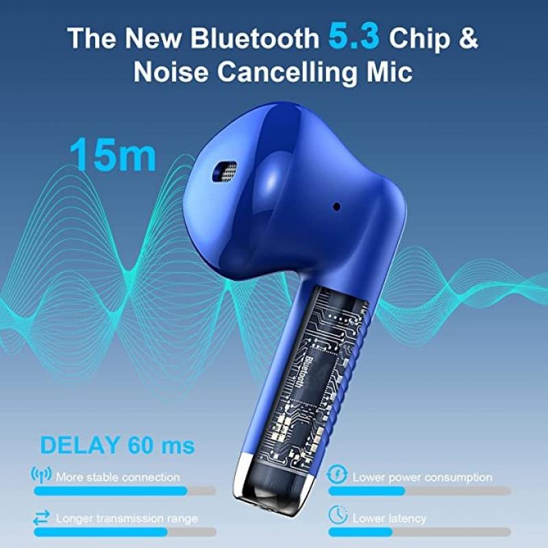 Wireless Earbuds (Bluetooth 5.3, Hi-Fi Stereo, Wireless, 32H Playtime - Blue