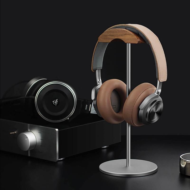 Headphone Stand (Nature Walnut Wood, Aluminium Stand) - Grey