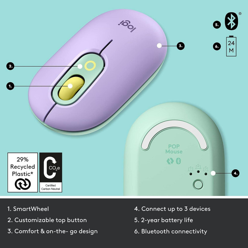 Logitech POP Mouse, Wireless Mouse - Daydream Mint