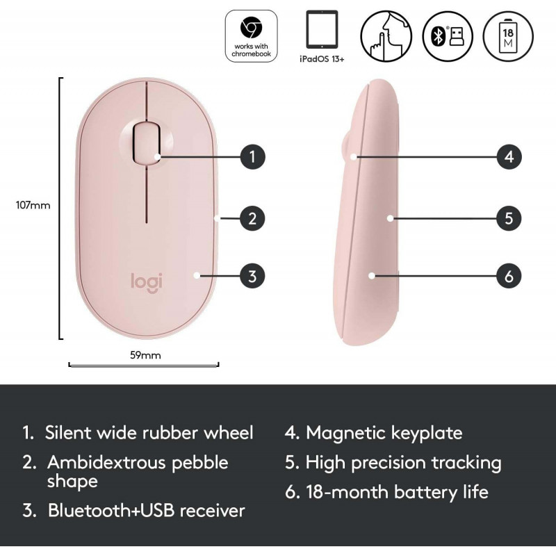 Logitech Pebble Wireless Mouse with Bluetooth - Pink Rose